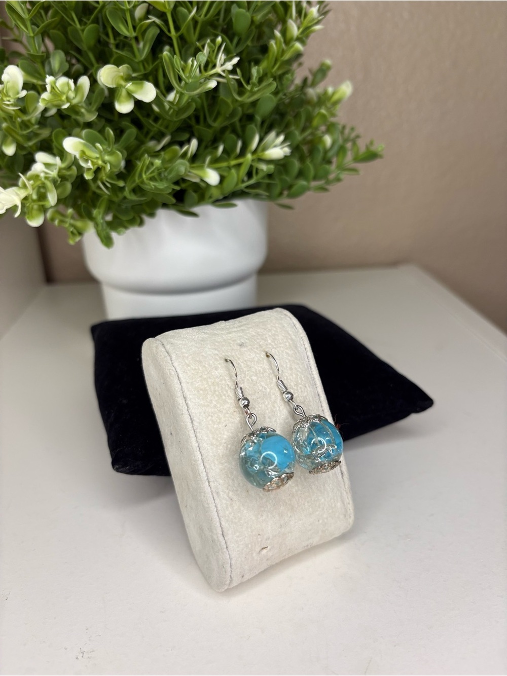 Vintage Aqua Blue Crackle Glass Dangle Earrings Silver Tone hand crafted